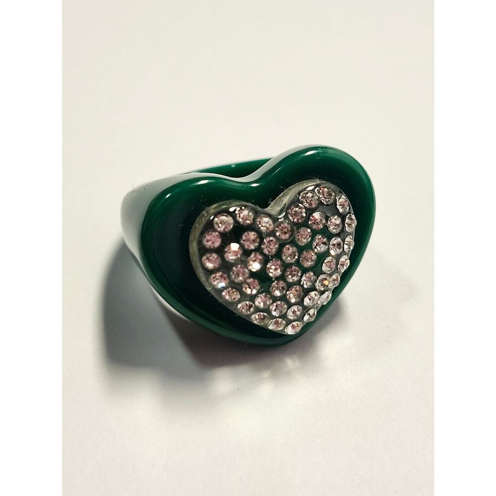 Sparklemuse Acrylic Rhinestone Heart On Heart Ring Size 8 Green Clear